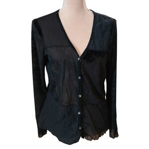 J Jill Black Velvet Sheer Lace Patchwork Cardigan Sweater Top Womans Medium